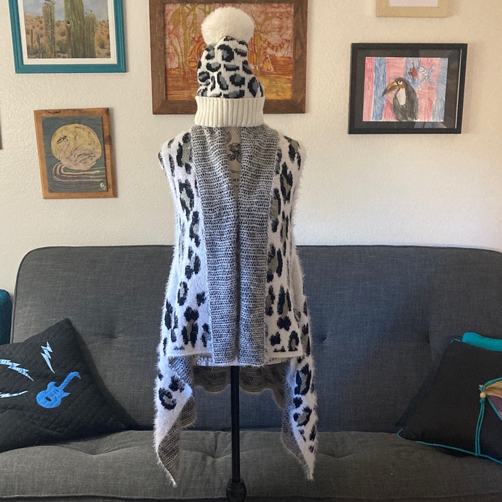 Leopard Print Knit Vest and Beanie Set